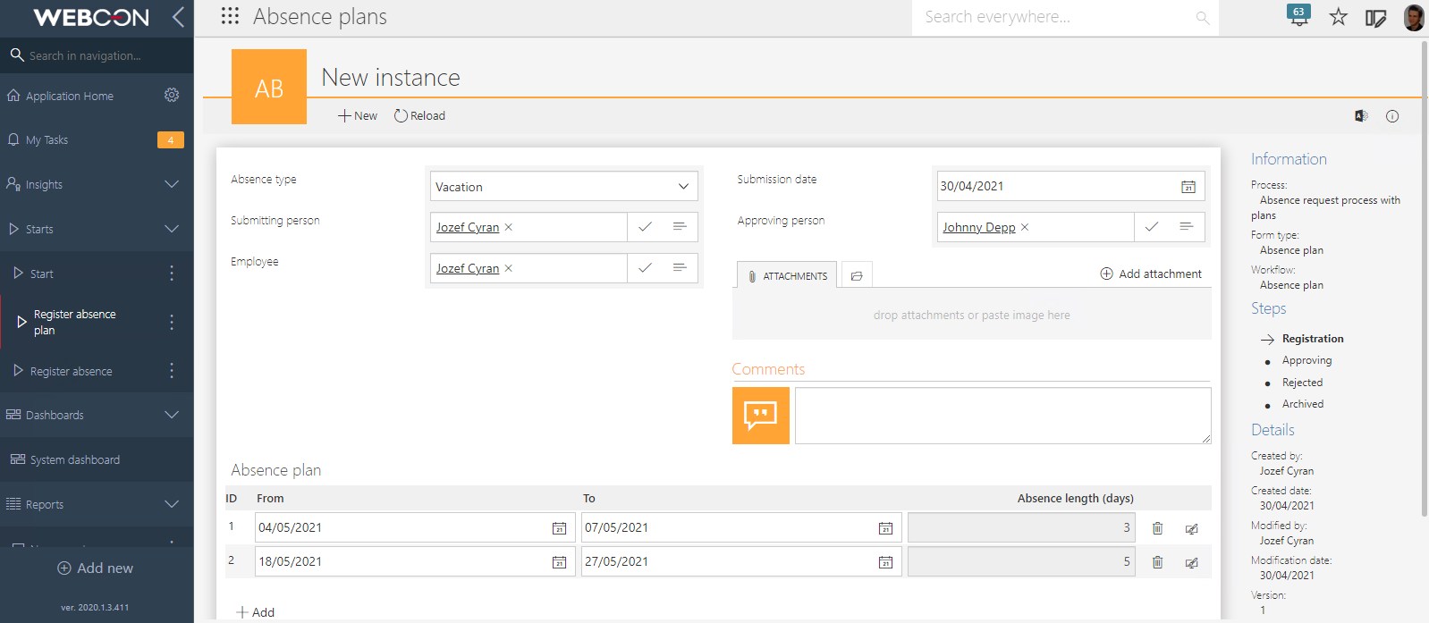 The image shows the workflow instance for registering absence plans