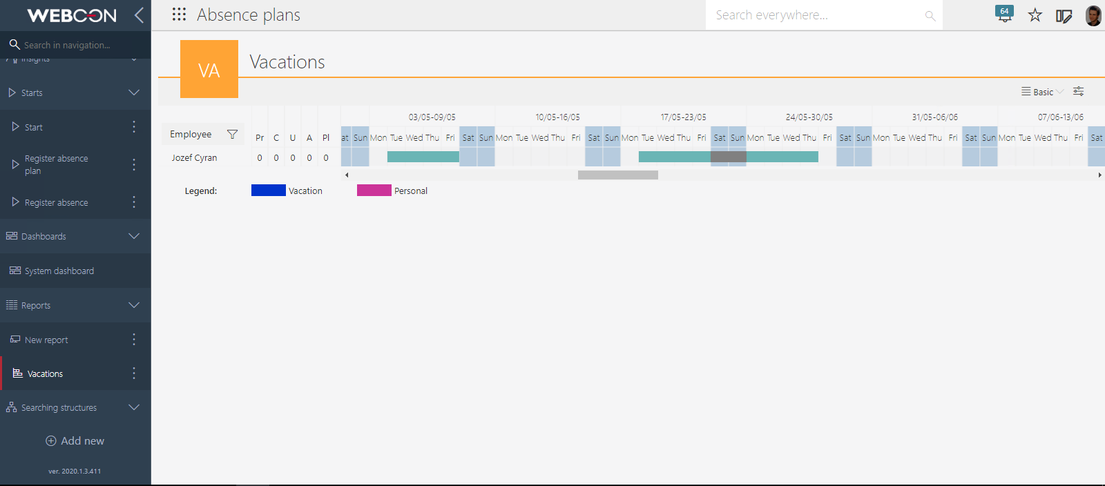 The image shows the presentation of the registered absence plans on the Gantt chart