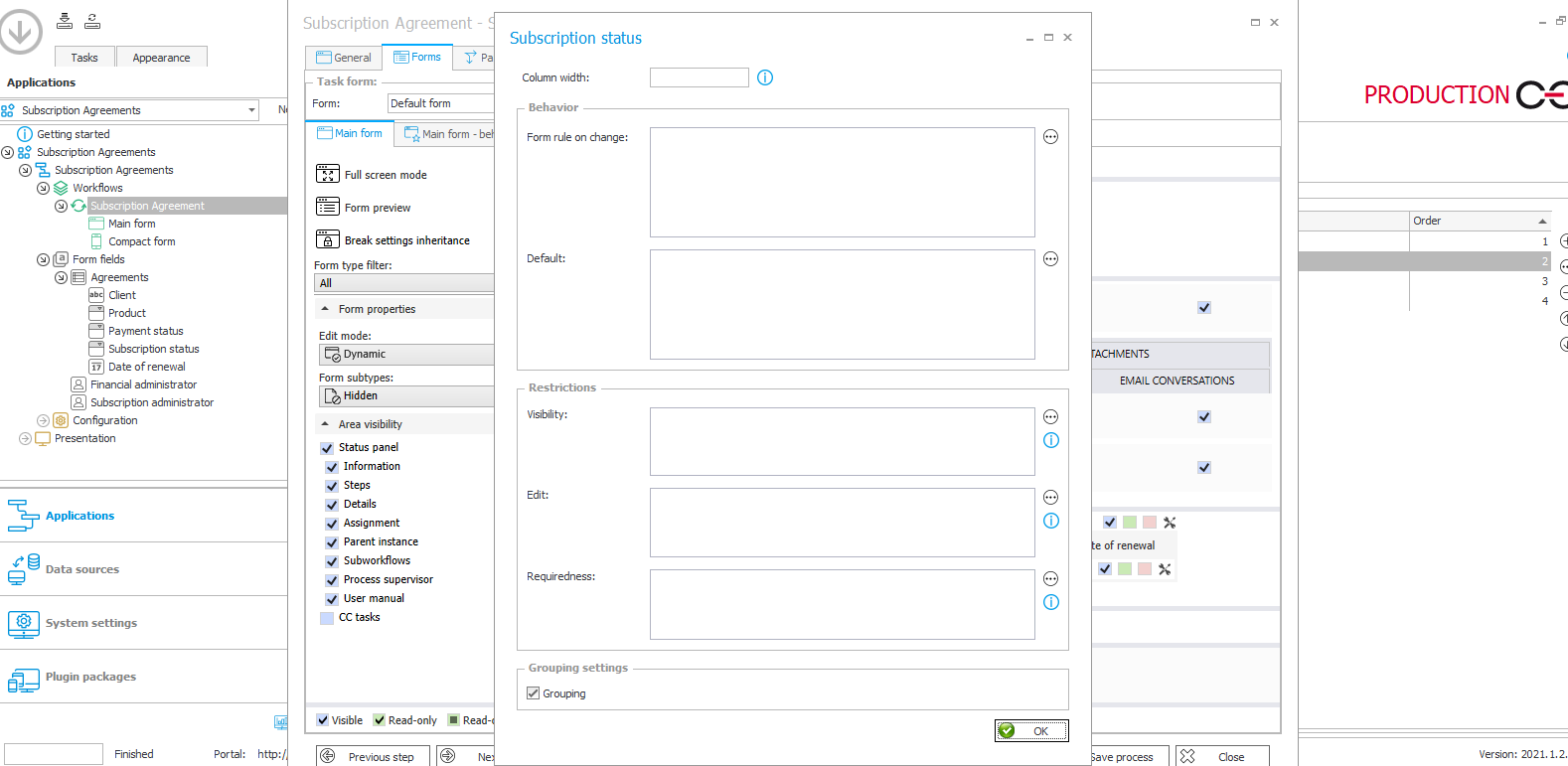 The image shows the configuration of the Subscription status step