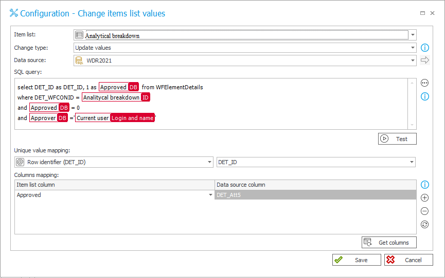 The image shows the configuration of adding the value to the Analytical breakdown item list