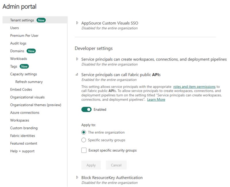 MS Fabric Admin Center Tenant settings API